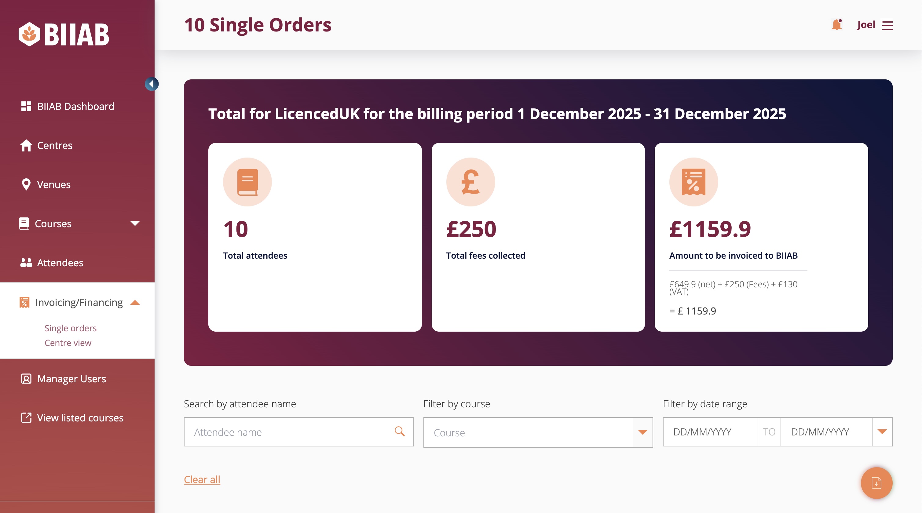 Order detail view with payment records, attendee data, and status history.
